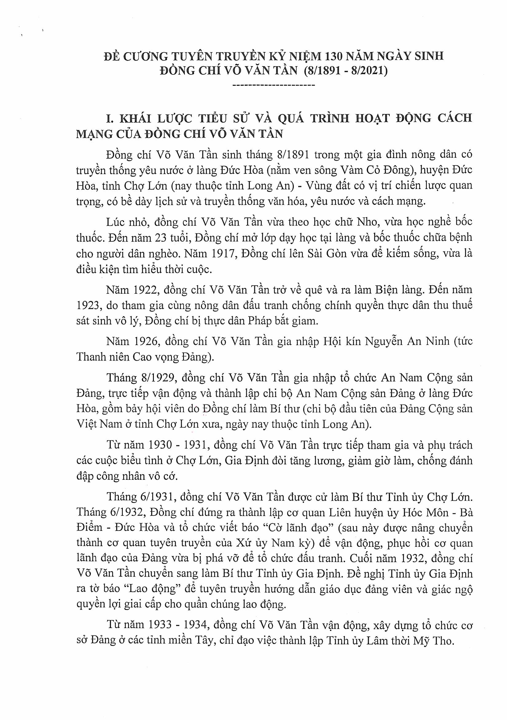 Đề cương tuyên truyền Kỷ niệm 130 năm ngày sinh đồng chí Võ Văn Tần (8/1891 - 8/2021)